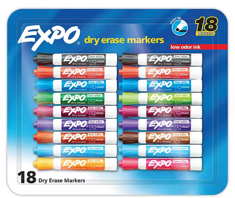 Expo Dry Erase Markers, Assorted Colors, Pack of 18