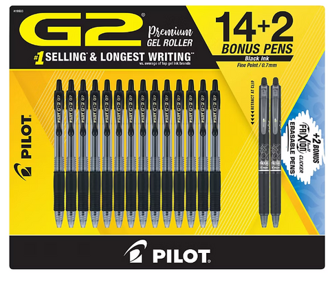 Pilot G2 Gel Pens, 14 ct. with 2 Bonus FriXion Erasable Pens - Black