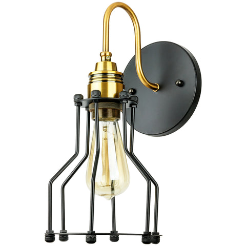 Sunlite  Vintage Designed Open Cage Wall Sconce, Metal Industrial Style Fixture, Medium Base Socket (E26), UL Listed, Antique Brass & Matte Black Finish