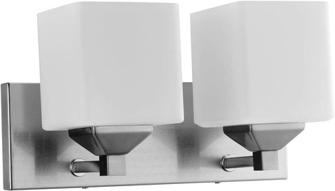 Sunlite 81323-SU Traditional Square Shade Vanity Fixture, 6″ Wall Mount, Medium Base (E26) Socket, Standard A19 Bulb Required (60W Max), Bathrooms, Powder Rooms, Frosted Glass Shade, Brushed Nickel Base 2-Lights