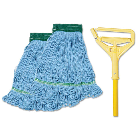 Looped End Mop Kit, Medium Blue Cotton/Rayon/Synthetic Head, 60" Yellow Metal/Polypropylene Handle